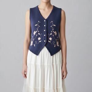 90s Whimsigoth Cottagecore Knit Vest Sweater M Navy Blue Embroidered Witchy